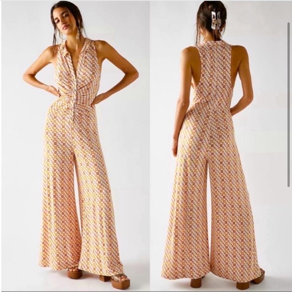 Free People Halter Wide Leg Jumpsuit In Ivory - Size Medium